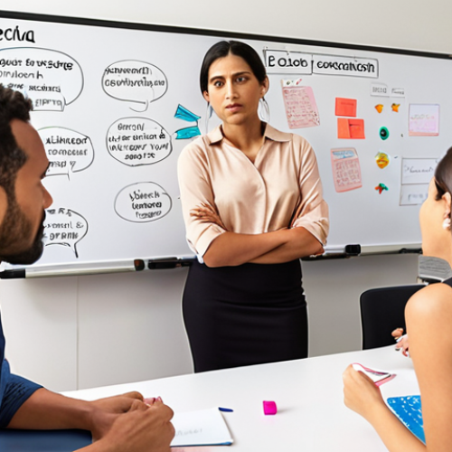 Home 11 **
A diverse team collaborating in a brightly lit, modern office. One member is attentively listening to another, while a leader gestures constructively at a whiteboard filled with ideas. The atmosphere is positive and focused on growth. Emphasis on body language showing empathy and active listening. Consider adding motivational posters written in Spanish about the power of feedback ("El Feedback Construye", "Escucha Activa").
**