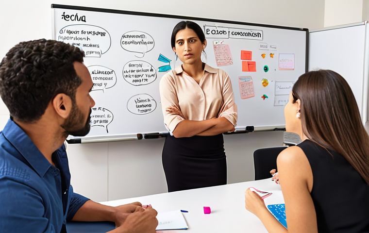 **
A diverse team collaborating in a brightly lit, modern office. One member is attentively listening to another, while a leader gestures constructively at a whiteboard filled with ideas. The atmosphere is positive and focused on growth. Emphasis on body language showing empathy and active listening. Consider adding motivational posters written in Spanish about the power of feedback ("El Feedback Construye", "Escucha Activa").
**