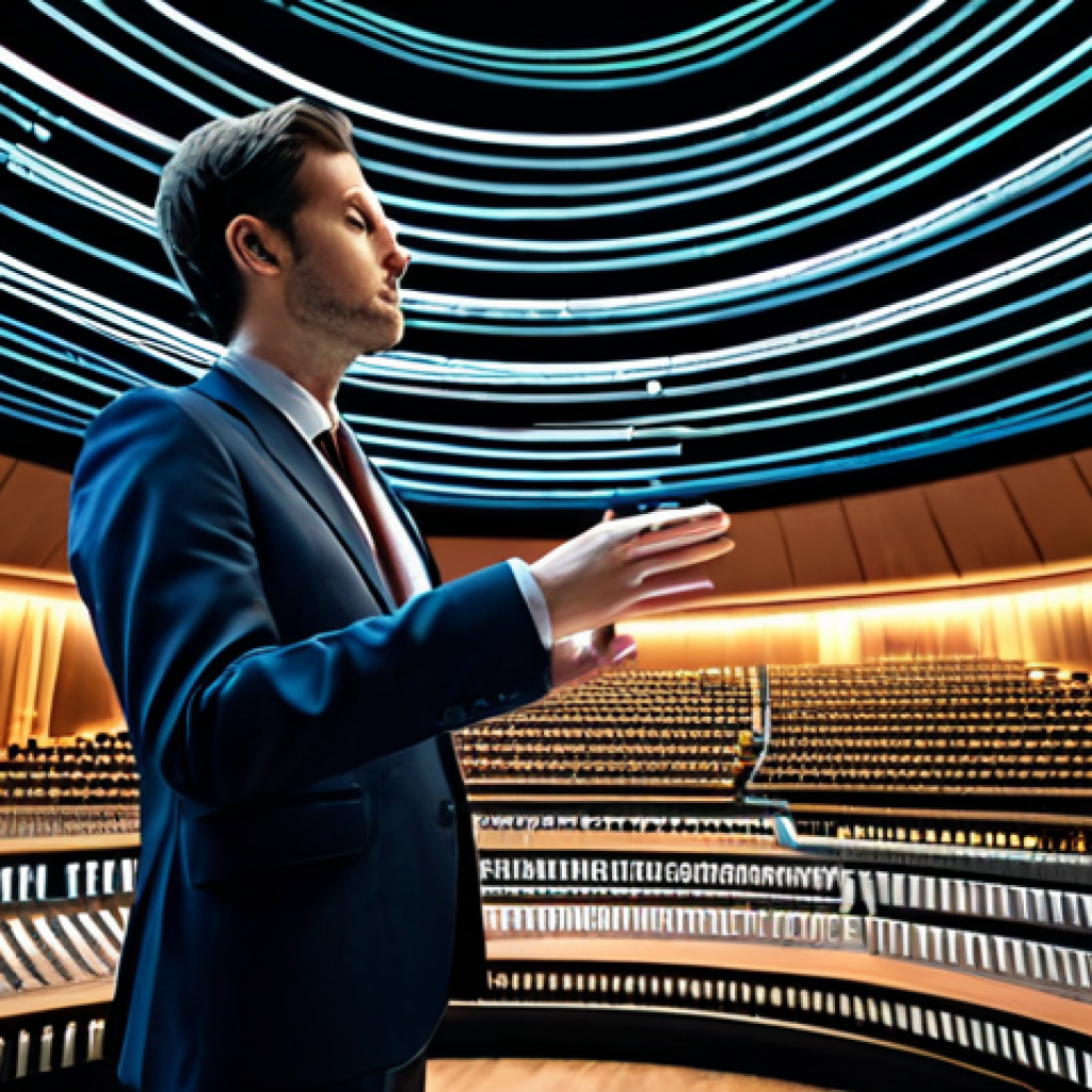 A professional person, fully clothed in a modest business suit, stands in a grand, abstract digital concert hall. Around them, streams of diverse user feedback, represented as glowing data and textual elements, flow like an orchestra, transitioning from chaotic "noise" into an organized, harmonious symphony of light. The person subtly gestures, conducting this information flow, symbolizing the transformation of complex data into clear, actionable insights. This professional depiction is safe for work, appropriate content, fully clothed, professional, perfect anatomy, correct proportions, natural pose, well-formed hands, proper finger count, natural body proportions, high-resolution, professional photography.