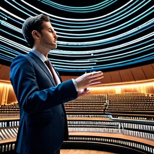 Home 6 A professional person, fully clothed in a modest business suit, stands in a grand, abstract digital concert hall. Around them, streams of diverse user feedback, represented as glowing data and textual elements, flow like an orchestra, transitioning from chaotic "noise" into an organized, harmonious symphony of light. The person subtly gestures, conducting this information flow, symbolizing the transformation of complex data into clear, actionable insights. This professional depiction is safe for work, appropriate content, fully clothed, professional, perfect anatomy, correct proportions, natural pose, well-formed hands, proper finger count, natural body proportions, high-resolution, professional photography.
