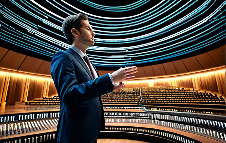 A professional person, fully clothed in a modest business suit, stands in a grand, abstract digital concert hall. Around them, streams of diverse user feedback, represented as glowing data and textual elements, flow like an orchestra, transitioning from chaotic "noise" into an organized, harmonious symphony of light. The person subtly gestures, conducting this information flow, symbolizing the transformation of complex data into clear, actionable insights. This professional depiction is safe for work, appropriate content, fully clothed, professional, perfect anatomy, correct proportions, natural pose, well-formed hands, proper finger count, natural body proportions, high-resolution, professional photography.