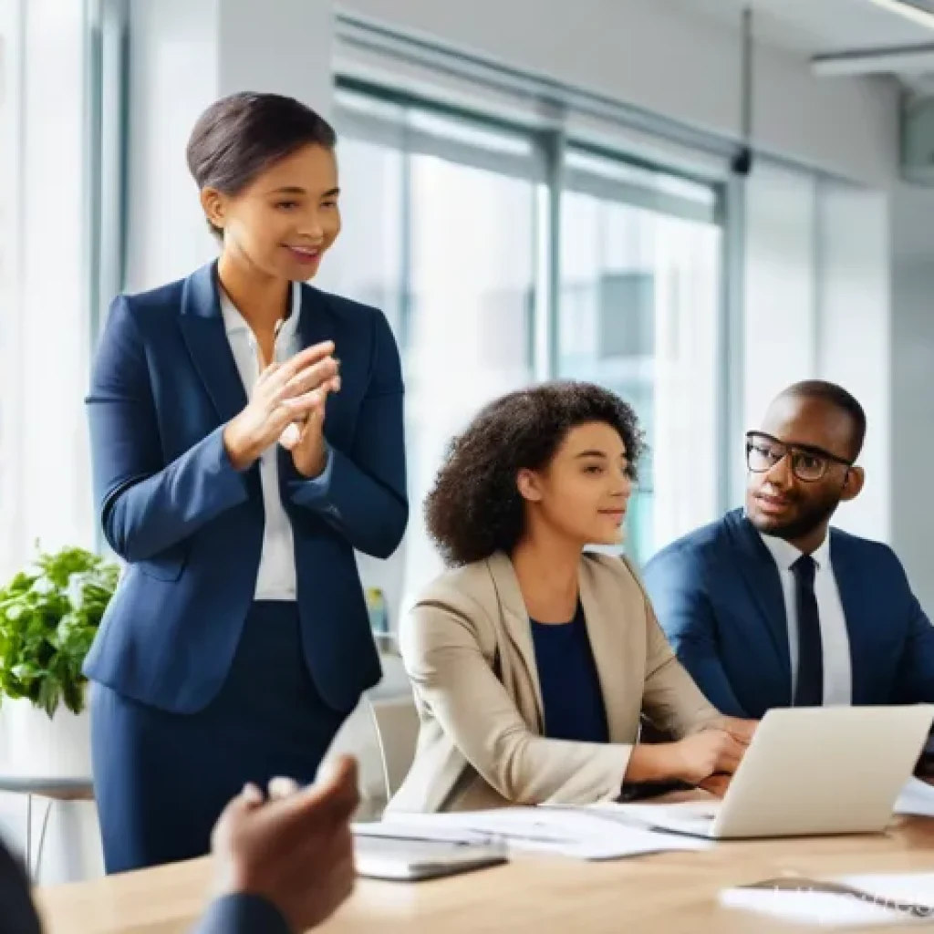 피드백 활용에 대한 직원 인식 조사 - **Prompt:** A diverse group of business professionals (men and women, all ages, various ethnicities,...