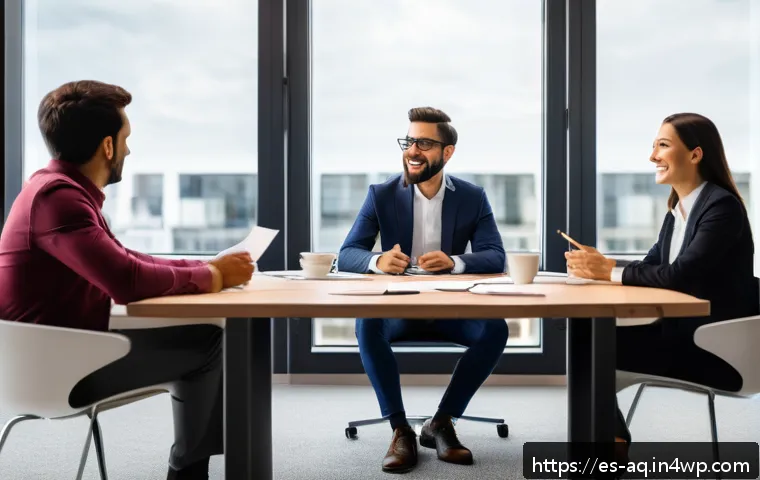 효과적인 피드백을 위한 커뮤니케이션 기술 - A warm, modern office scene depicting a diverse team engaged in a feedback meeting. The atmosphere i...